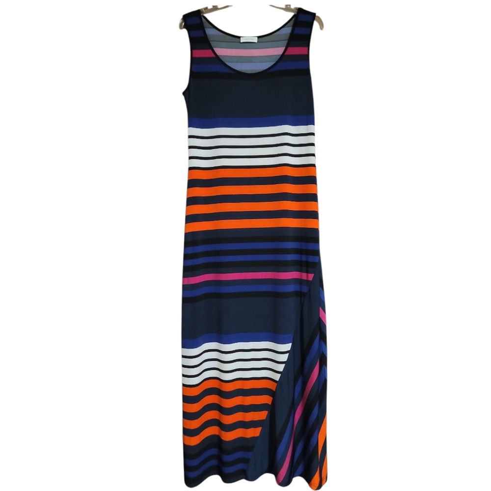 Calvin Klein dress maxi stripe sleeveless scoop neck poly spandex resortwear